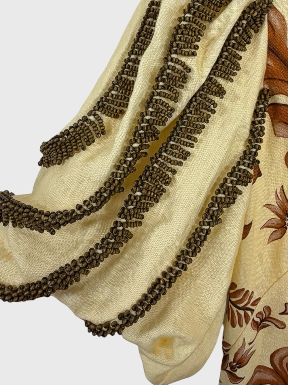 Farm Rio Ivory Brown Linen Beaded Puff Sleeve Milani Maxi Dress Size Large - Picture 6 of 11
